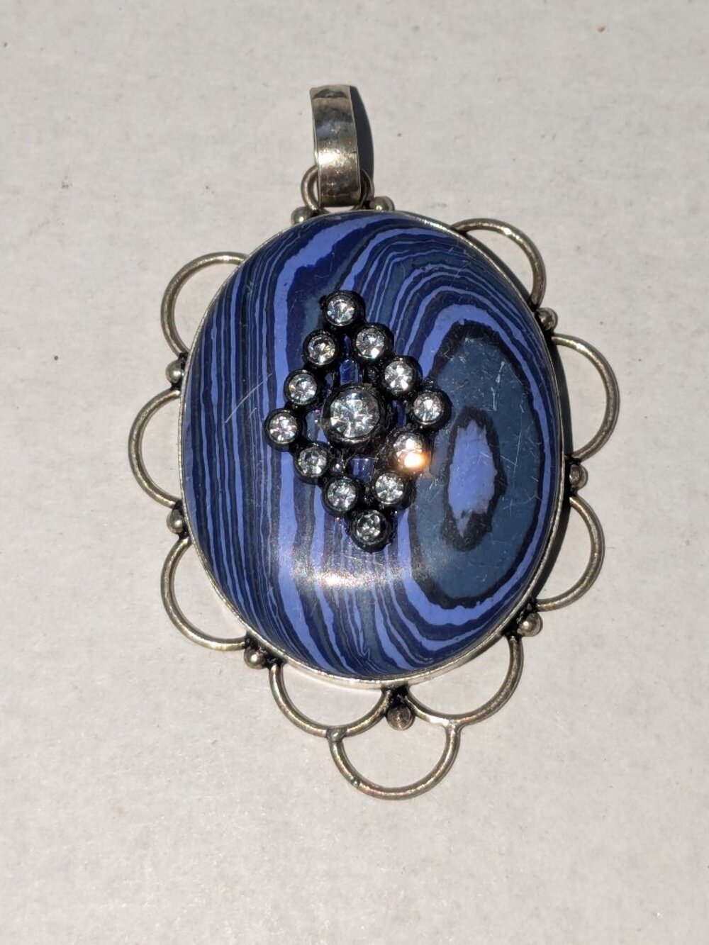 Silver Tone Blue Swirl Cabochon Clear Rhinestone Pendant